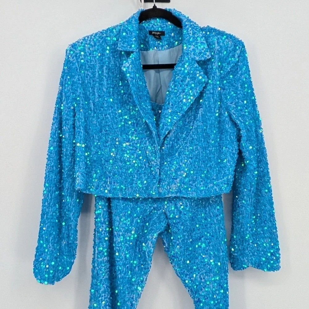 Nasty Gal $326 Size 6 Teal Blue Sequin Two Piece Set Cropped Blazer Flare Pants - Picture 7 of 16